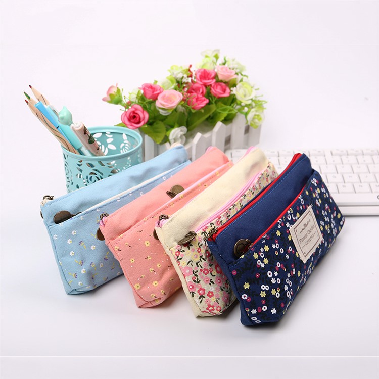 21 x 10.5 cm Floral Pattern Canvas Student Pencil Pouch Bag - Pink-4