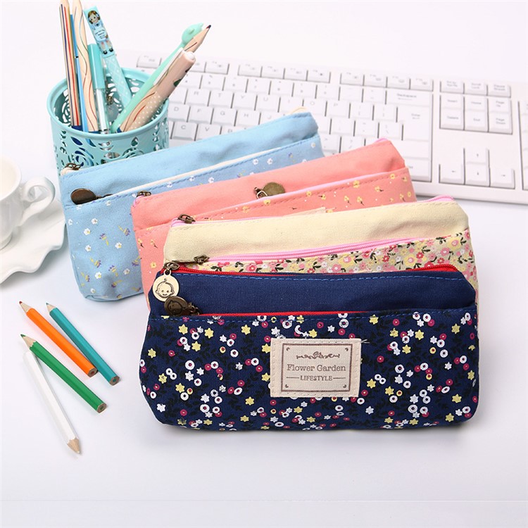 21 x 10.5 cm Floral Pattern Canvas Student Pencil Pouch Bag - Pink-5