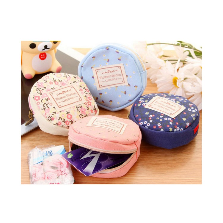 Cute Round Floral Pattern Canvas Change Mini Coin Key Purse Bag with Zipper-1