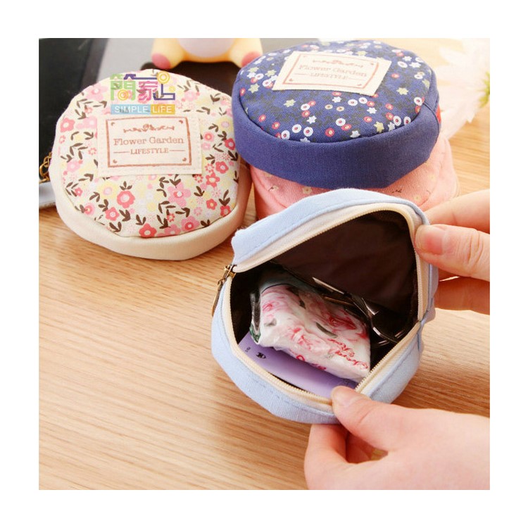 Cute Round Floral Pattern Canvas Change Mini Coin Key Purse Bag with Zipper-3