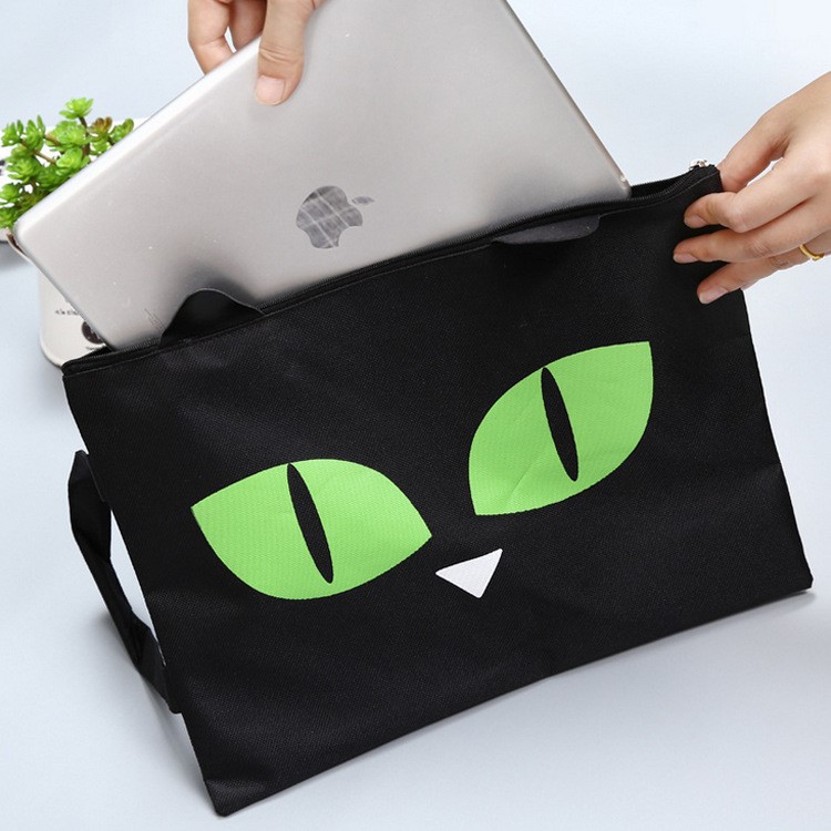 Black Cat Portable Zipper Oxford Cloth File Bag - Green-1