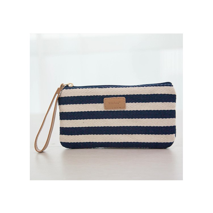 Large Capacity Stylish Portable Canvas Pencil Case Coin Purse Pouch Cosmetic Makeup Bag - Black and White Stripes-2
