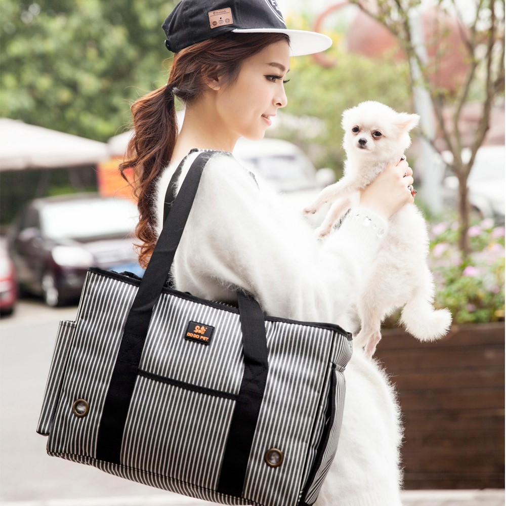 Fashion Stripe Pet Dog Cat Kitty Outdoor Travel Oxford Shoulder Bag Carry Bag - Grey / Size: M-4