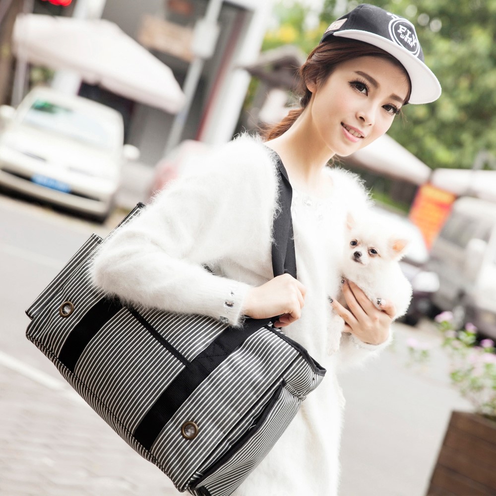 Fashion Stripe Pet Dog Cat Kitty Outdoor Travel Oxford Shoulder Bag Carry Bag - Grey / Size: M-5