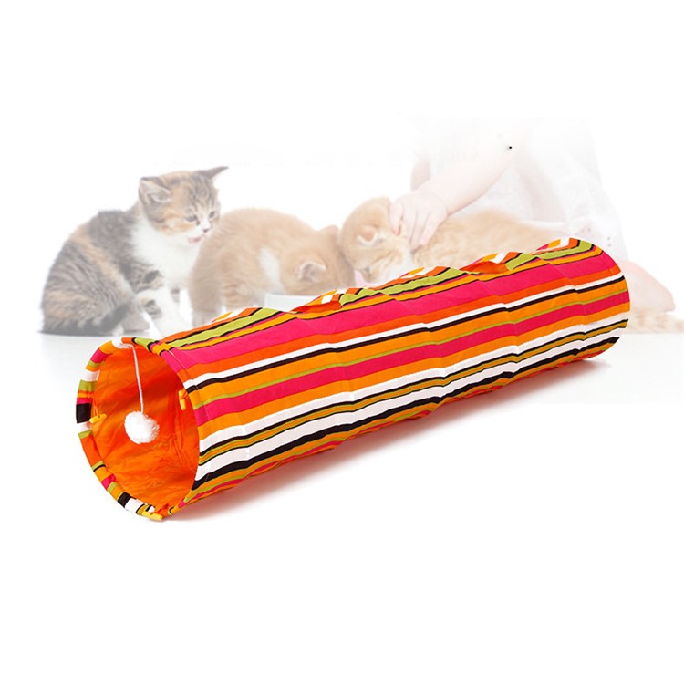 Foldable Colorful Stripes Creaker Cat Tunnel Play Toy with Holes and Dangling Ball-1