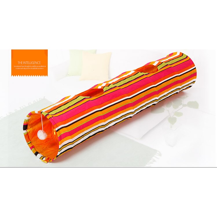 Foldable Colorful Stripes Creaker Cat Tunnel Play Toy with Holes and Dangling Ball-6