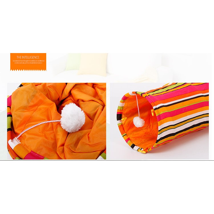 Foldable Colorful Stripes Creaker Cat Tunnel Play Toy with Holes and Dangling Ball-8