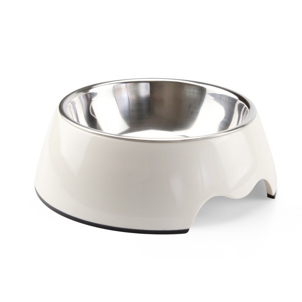 2 in 1 Melamine Pet Dog Bowl with Stainless Steel Bowl Insert - Size: M / White-2