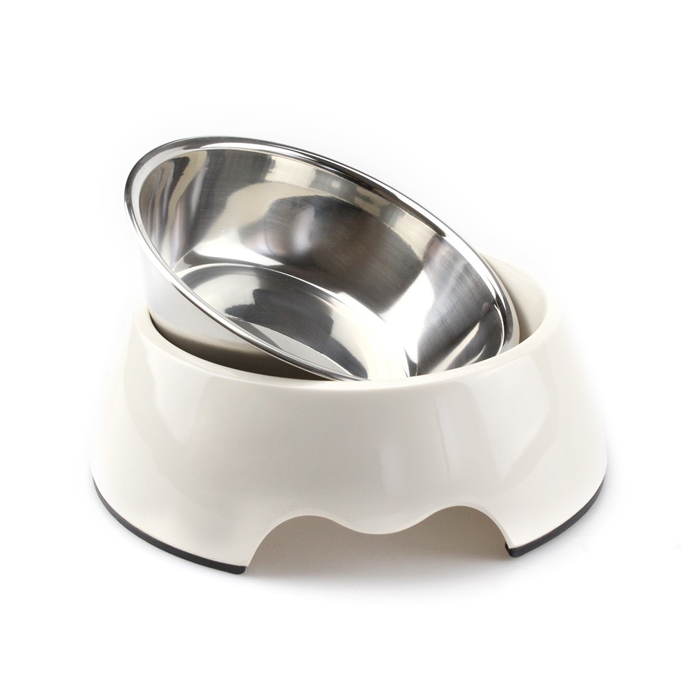 2 in 1 Melamine Pet Dog Bowl with Stainless Steel Bowl Insert - Size: M / White-4