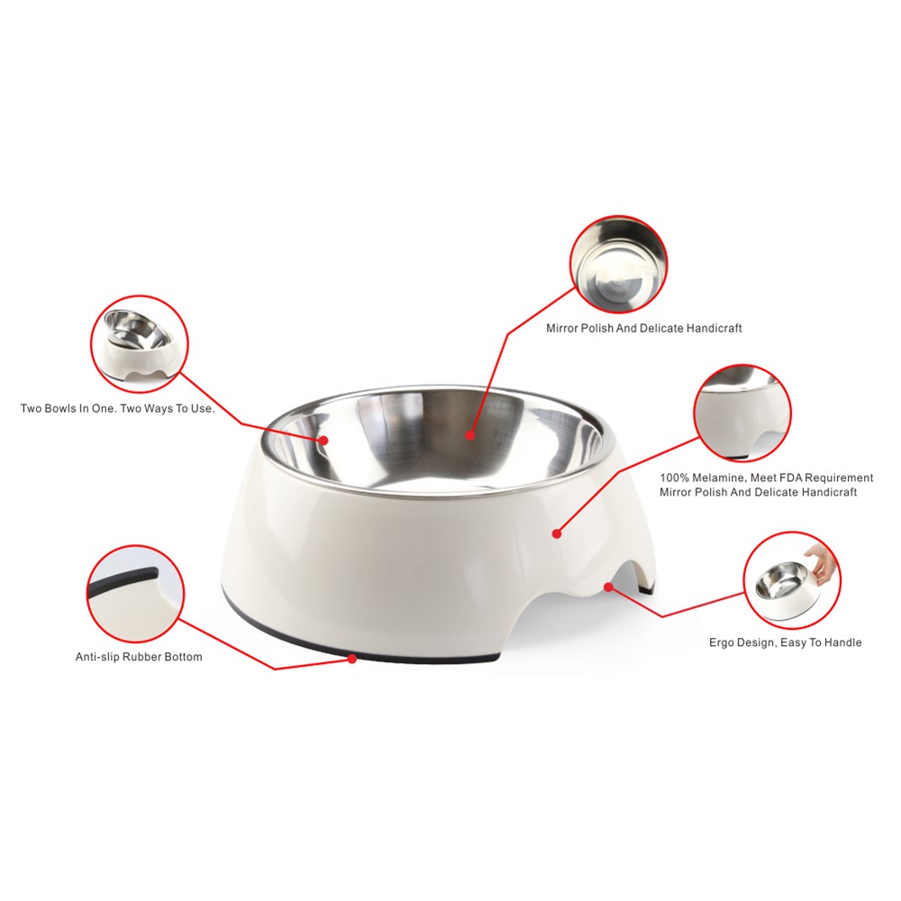 2 in 1 Melamine Pet Dog Bowl with Stainless Steel Bowl Insert - Size: M / White-6
