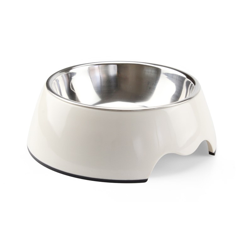 Removable Melamine and Stainless Steel Pet Bowl Anti-skid Round Bowl for Puppy and Kitty, Size L - White-2