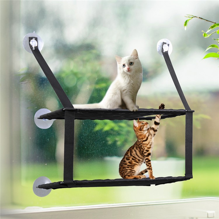 Double Layers Cat Hammock Cozy Pet Hanging Window Perch - Black-2