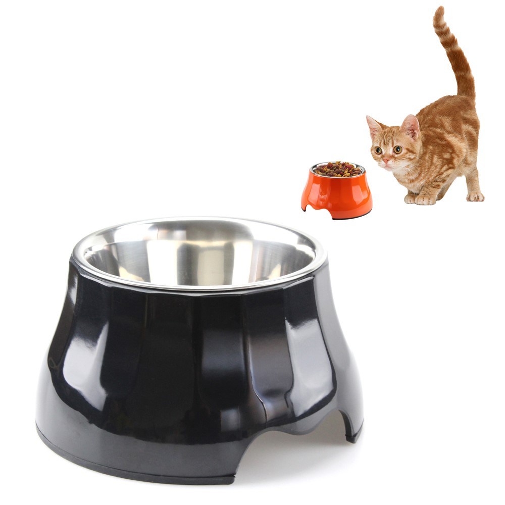 2 in 1 Melamine Pet Dog High Bowl with Stainless Steel Bowl Insert - Size: S / Black-1