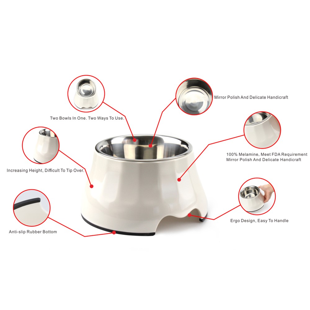Detachable Melamine Pet Dog High Bowl with Stainless Steel Bowl Insert - Size: S / White-6