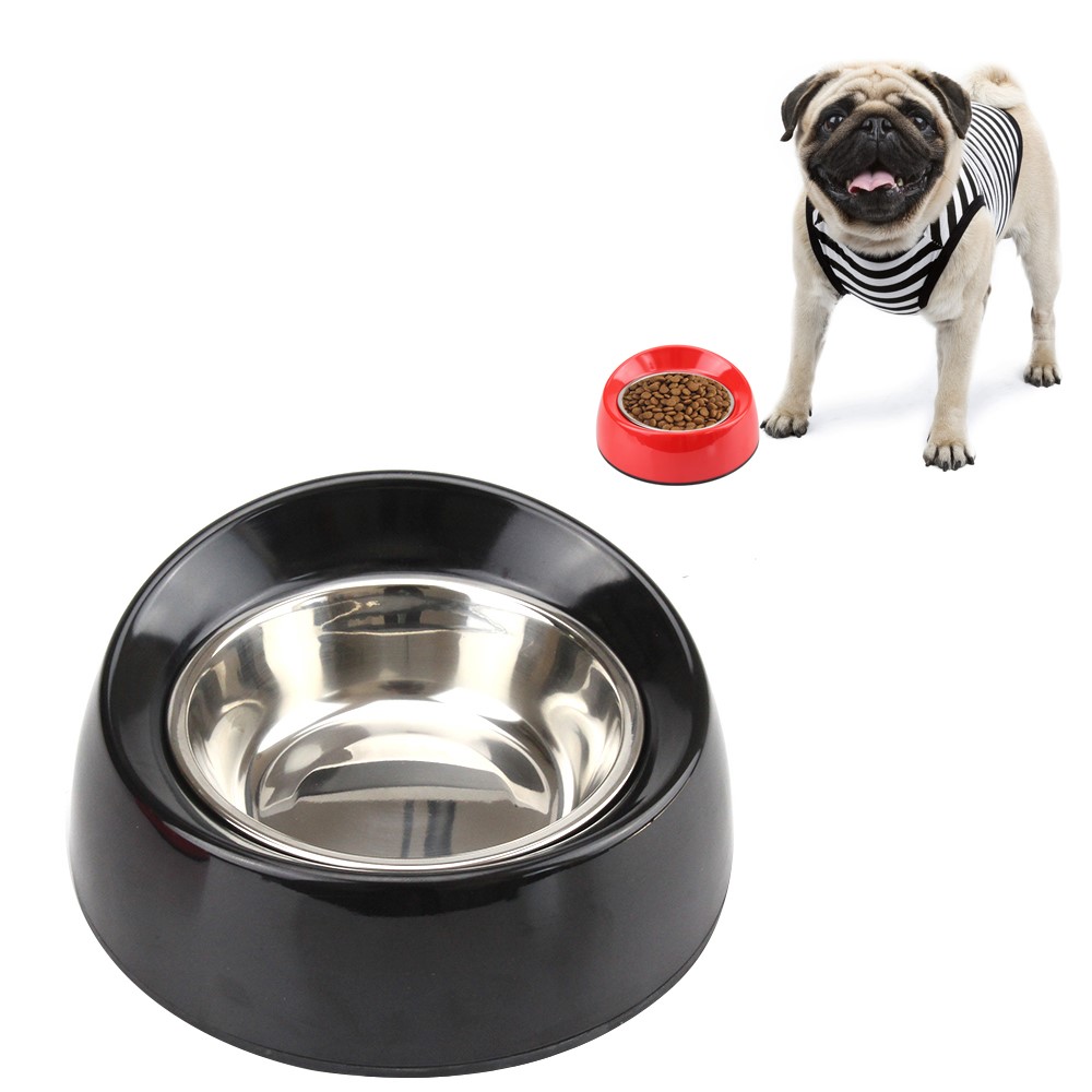 2 in 1 Melamine Pet Dog Slant Opening Bowl with Stainless Steel Bowl Insert - Size: S / Black-1