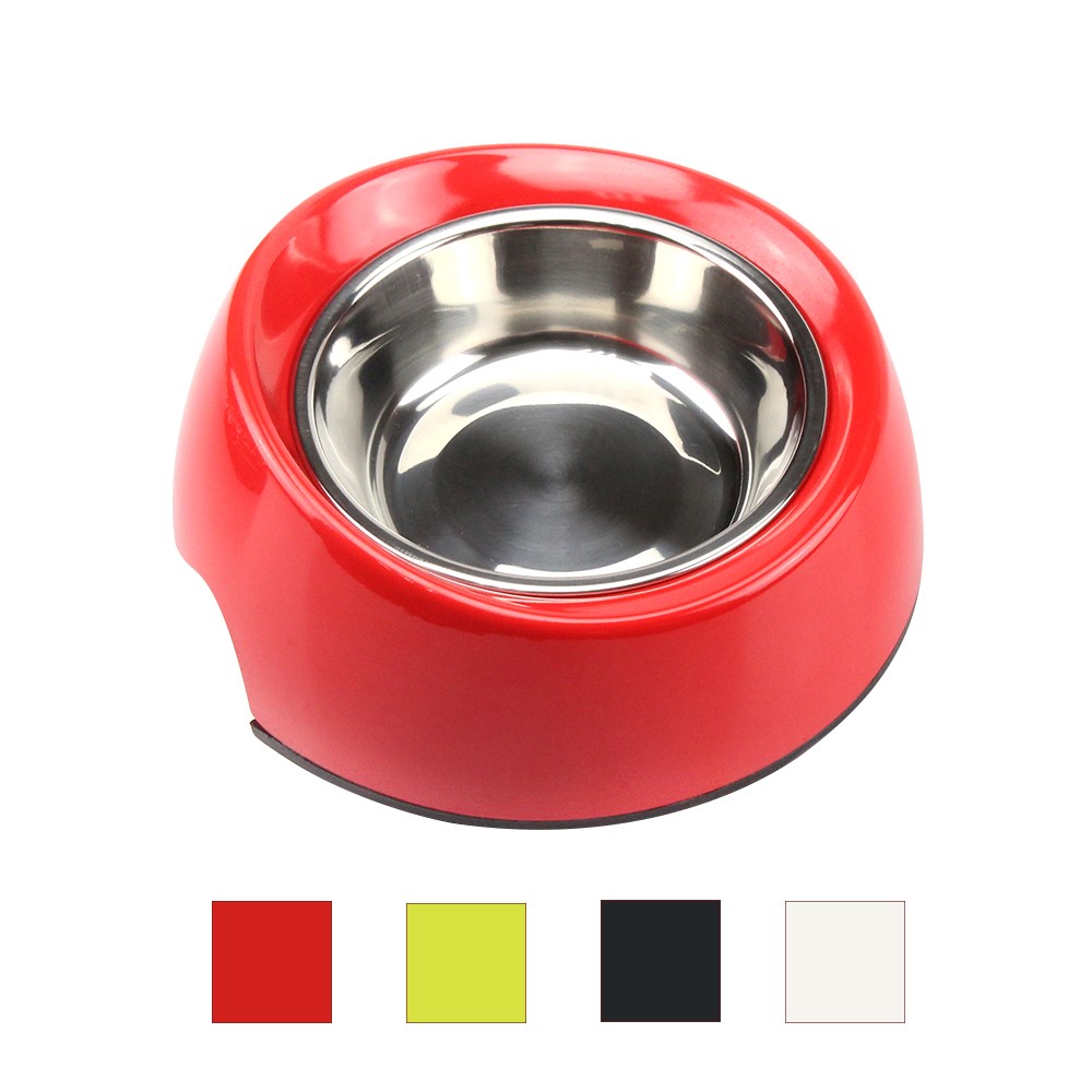 2 in 1 Melamine Pet Dog Slant Opening Bowl with Stainless Steel Bowl Insert - Size: S / Black-3