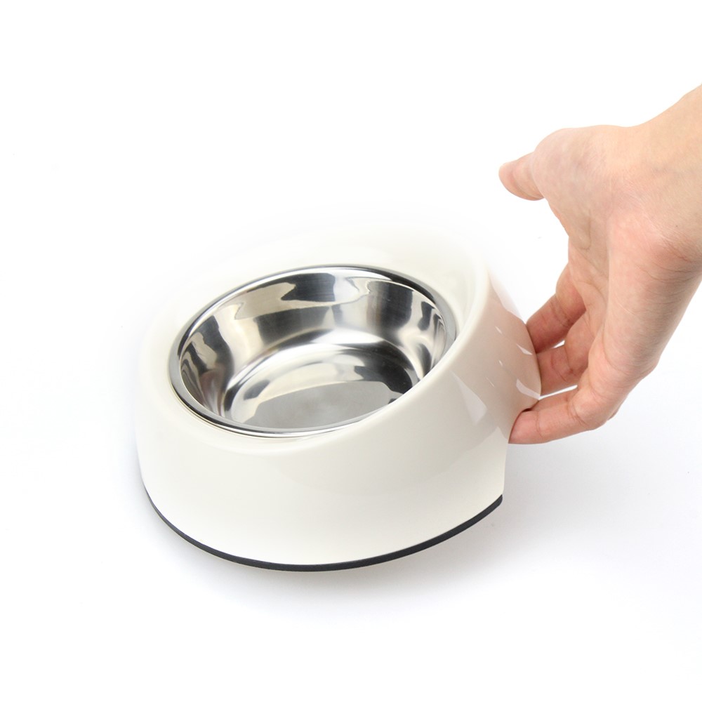 Detachable Melamine Pet Dog Slant Opening Bowl with Stainless Steel Bowl Insert - Size: S / White-3