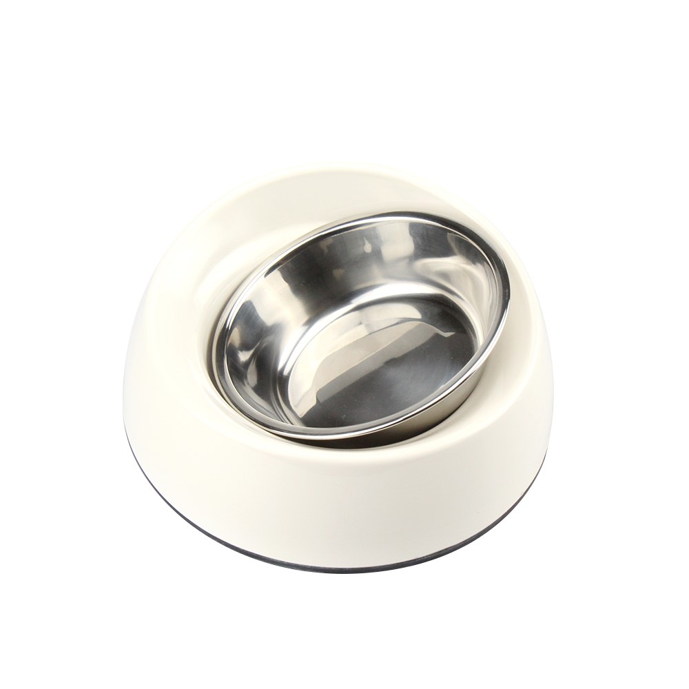 Detachable Melamine Pet Dog Slant Opening Bowl with Stainless Steel Bowl Insert - Size: S / White-4