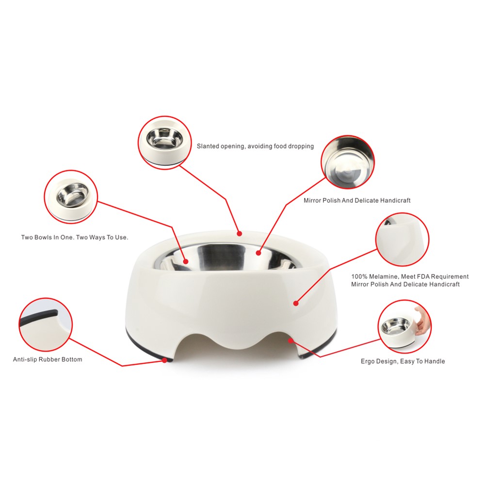Detachable Melamine Pet Dog Slant Opening Bowl with Stainless Steel Bowl Insert - Size: S / White-6