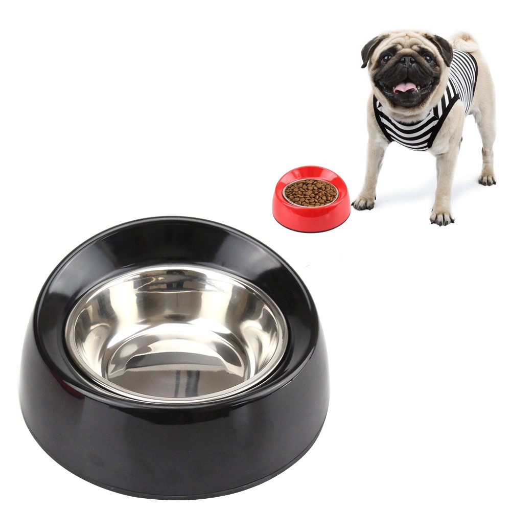 2 in 1 Melamine Pet Dog Slant Opening Bowl with Stainless Steel Bowl Insert - Size: M / Black-1