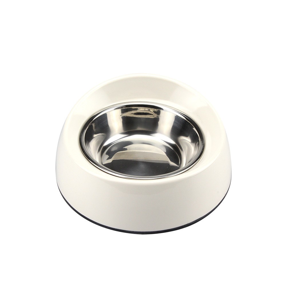 Slant Opening 2 in 1 Melamine Pet Dog Bowl with Stainless Steel Bowl Insert - Size: M / White-1