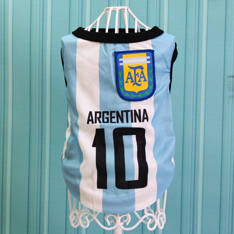 World Cup Soccer Jersey Cool Spring/Summer Dogs Vests Puppy Outdoor Sportswear Football Clothes - Size: S / White and Blue Number 10 Argentina-1