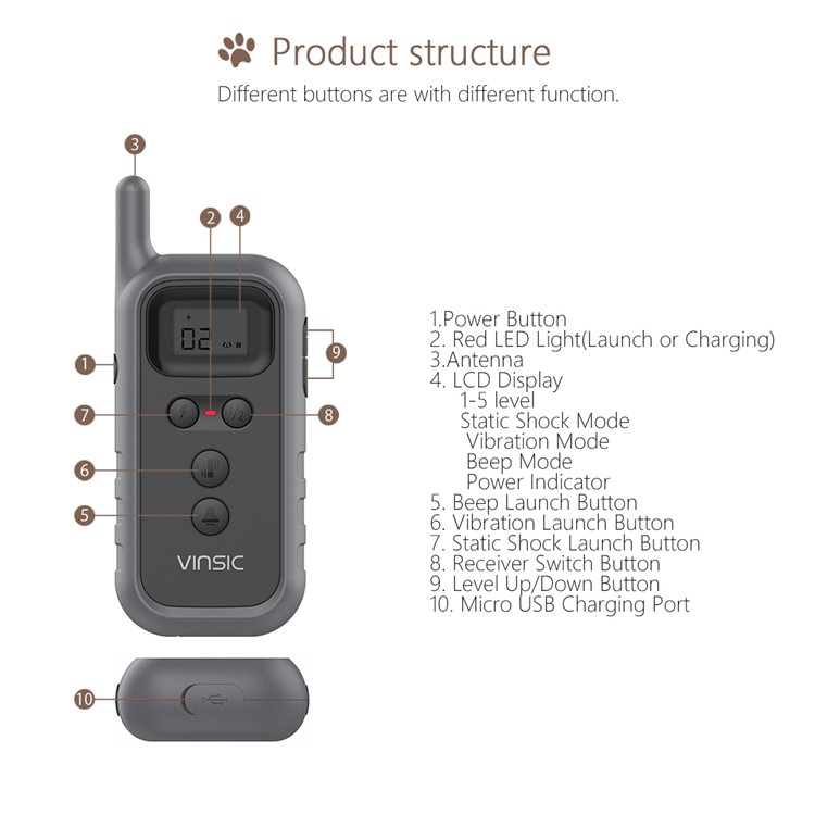 VINSIC VSAA014 Rechargeable Dog Training Collar 5 Levels 100 Meters Remote Control with LCD Display-4