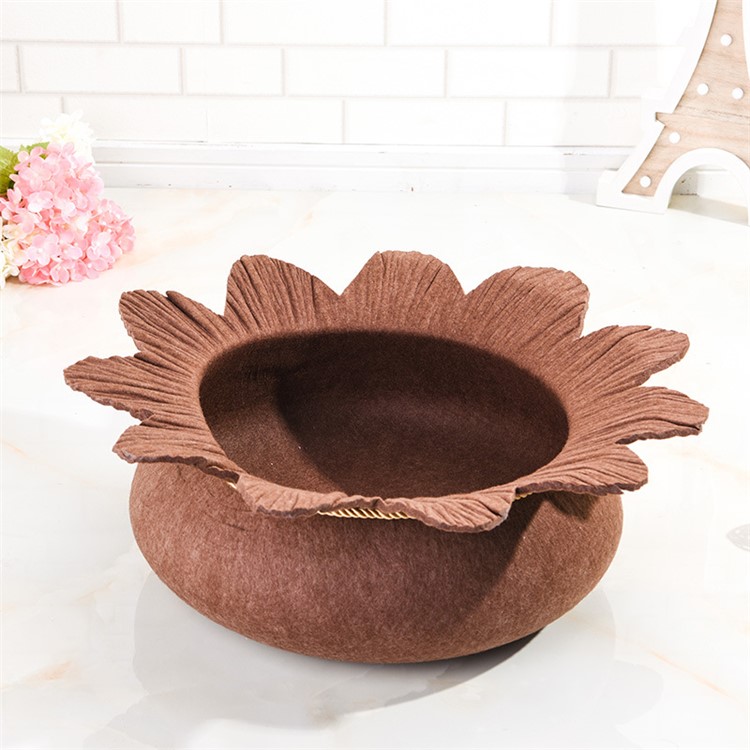 Four Seasons Cozy Felt Pet Nest Kennel Dog Cat Bed Water Lily Shape Breathable Washable - Coffee-1