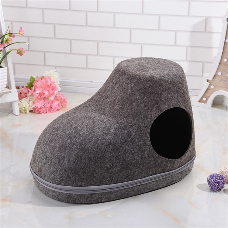 Shoe Shape Cozy Felt Pet Cave Bed Dog Cat Nest Four Seasons Breathable Washable - Side Open / Grey-1