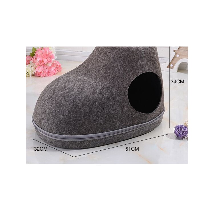 Shoe Shape Cozy Felt Pet Cave Bed Dog Cat Nest Four Seasons Breathable Washable - Side Open / Grey-6