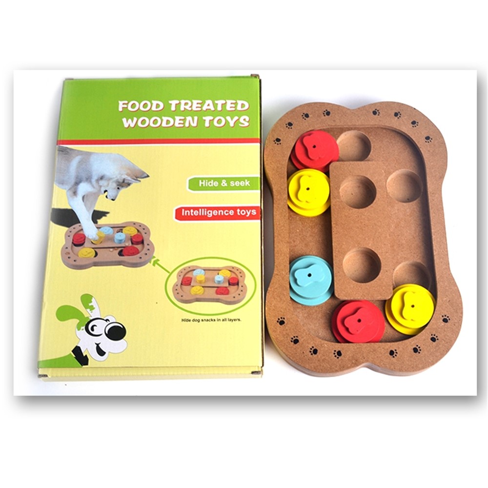 Wooden Multi-Functional Dog Food Plate Educational Clamp Slot Training Toy - Bone-3