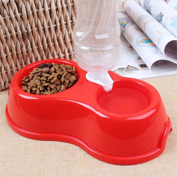Cute Pet Puppy Dog Cat Plastic Food & Water Feeder Double Bowl - Red-1