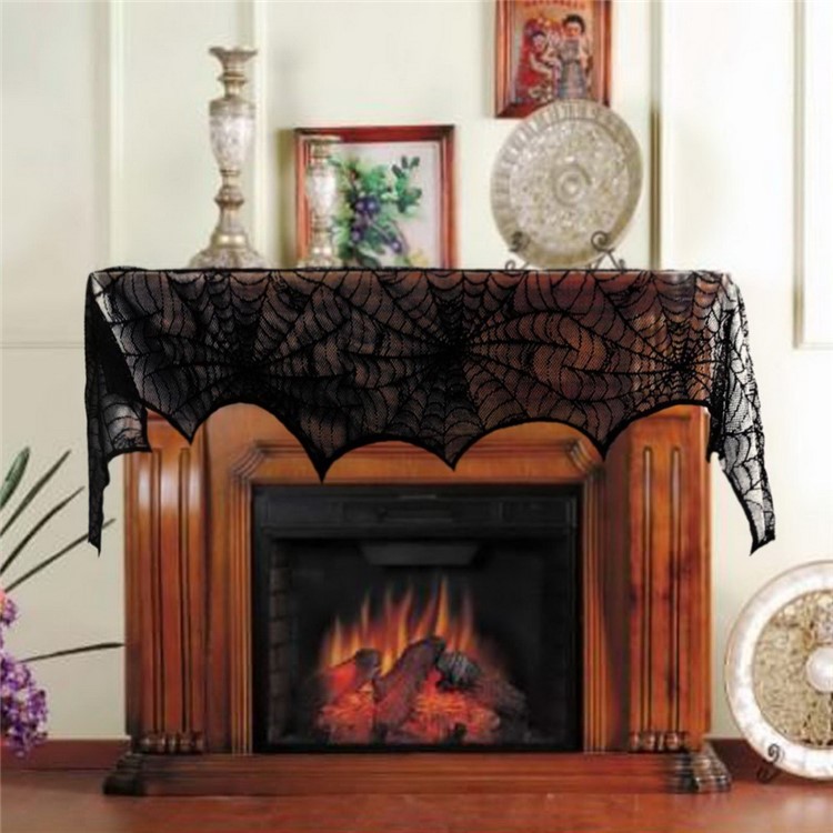 18x98inch/45x248cm Black Spider Web Lace Halloween Decoration Fireplace Lamp Cover Curtain Festive Party Decoration-5