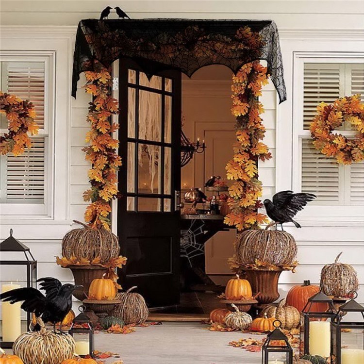 18x98inch/45x248cm Black Spider Web Lace Halloween Decoration Fireplace Lamp Cover Curtain Festive Party Decoration-7