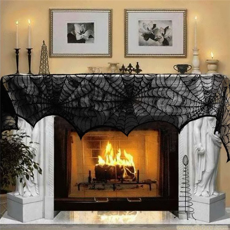 18x98inch/45x248cm Black Spider Web Lace Halloween Decoration Fireplace Lamp Cover Curtain Festive Party Decoration-8