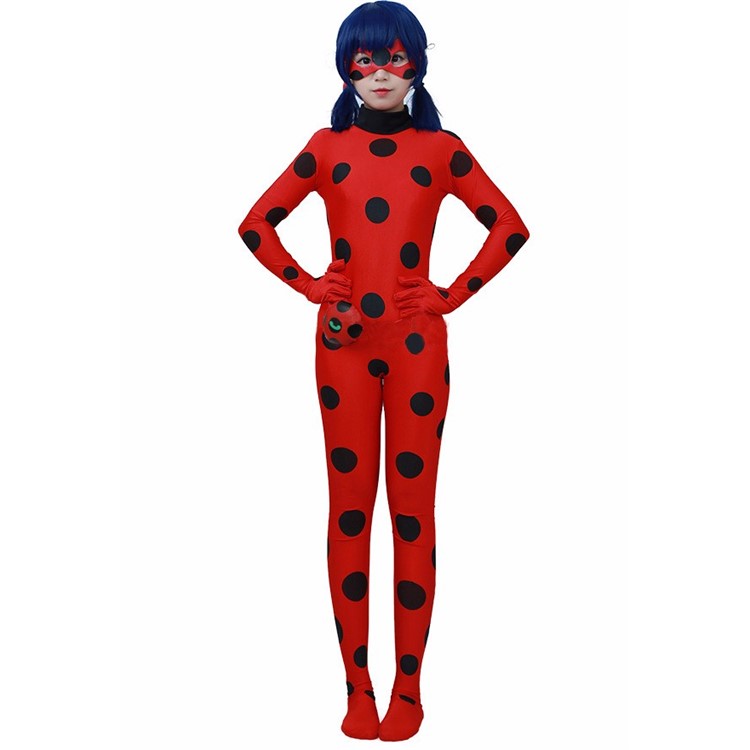 Girl Red Cosplay Costume Ladybird Jumpsuit with Blindfold and Bag - Size: S (110-120cm)-1