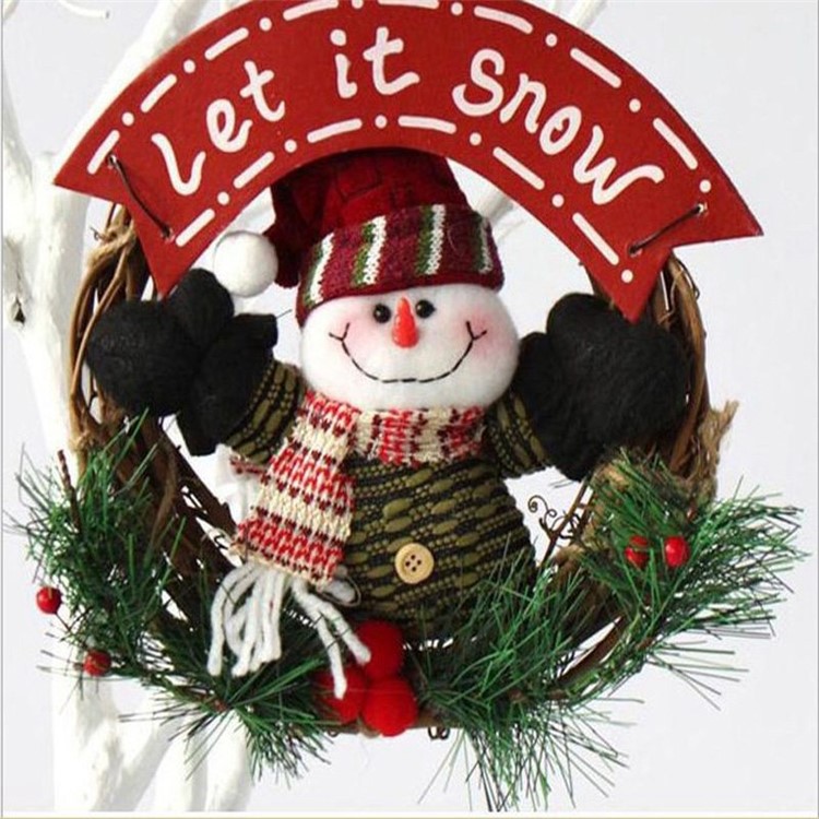 Christmas Holiday Wreath Circle Rattan Cane Snowman Santa Claus Door Hanging Decoration - Style E-1