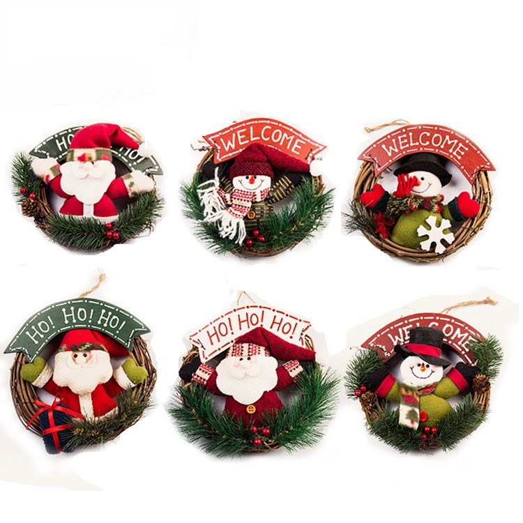 Christmas Holiday Wreath Circle Rattan Cane Snowman Santa Claus Door Hanging Decoration - Style E-2