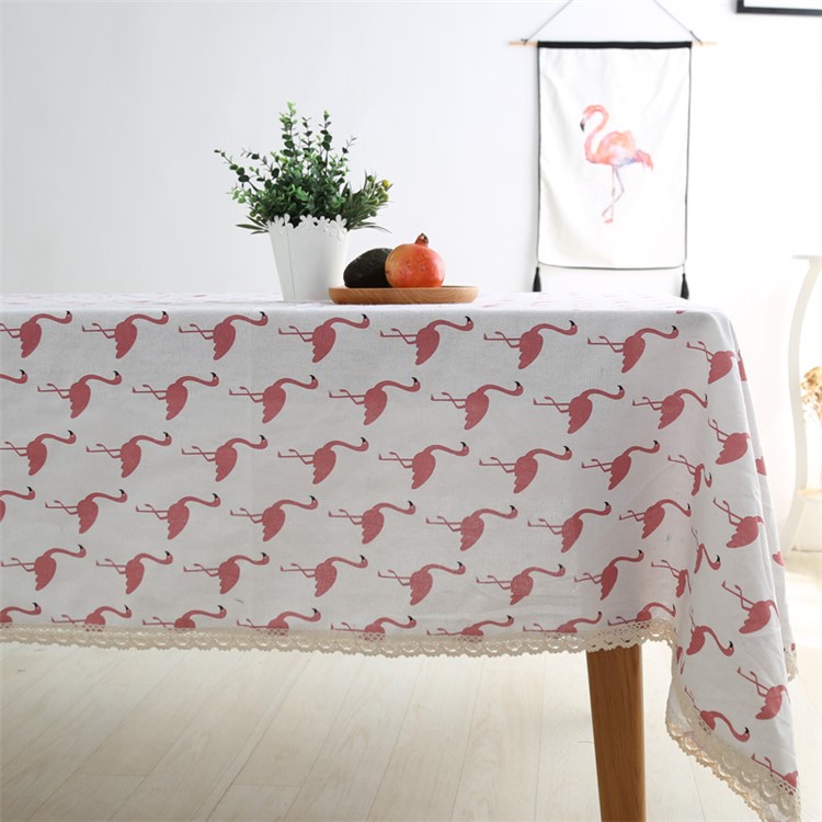 Flamingo Pattern Lace Edges Linen Table Cloth Table Cover, Size: 140 x 200cm - White-1