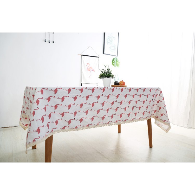 Flamingo Pattern Lace Edges Linen Table Cloth Table Cover, Size: 140 x 200cm - White-2
