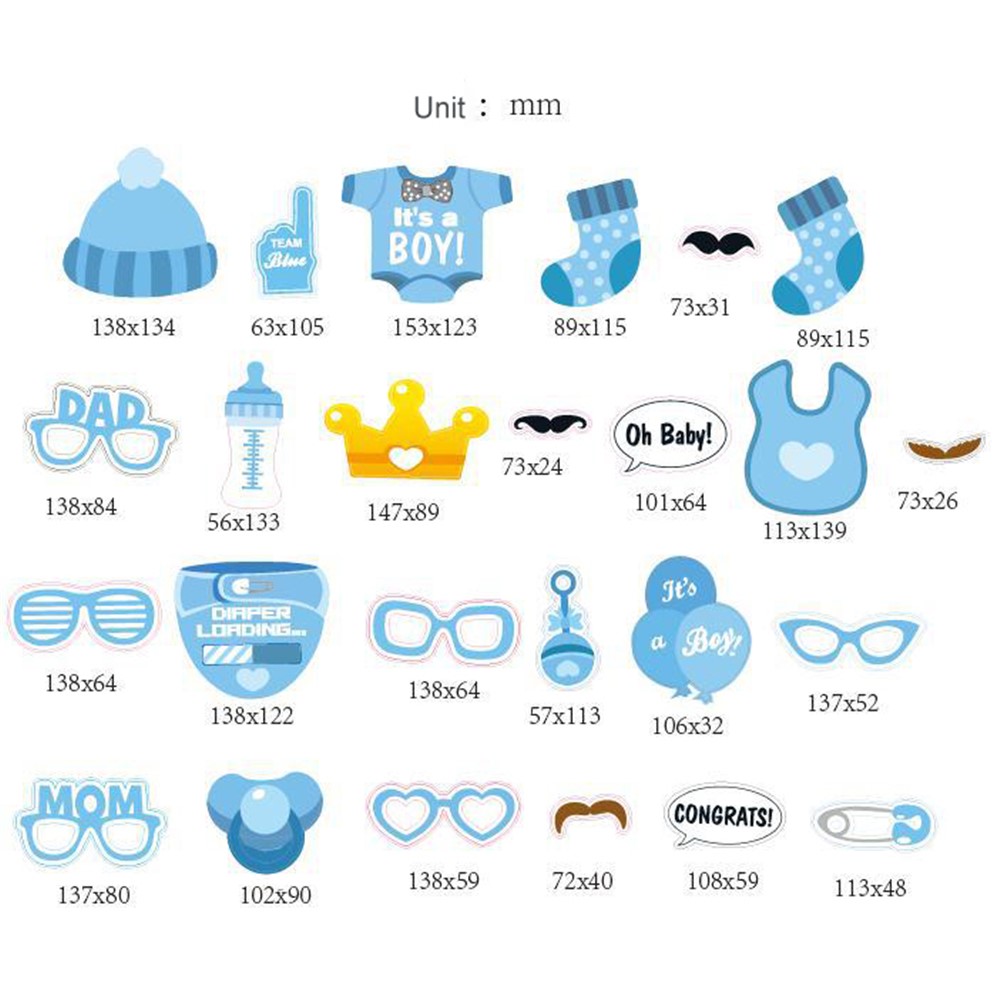 27PCS Photo Booth Requisiten Flasche Schnurrbart Gläser DIY Kit Für Baby Geburtstagsparty - Blau-2