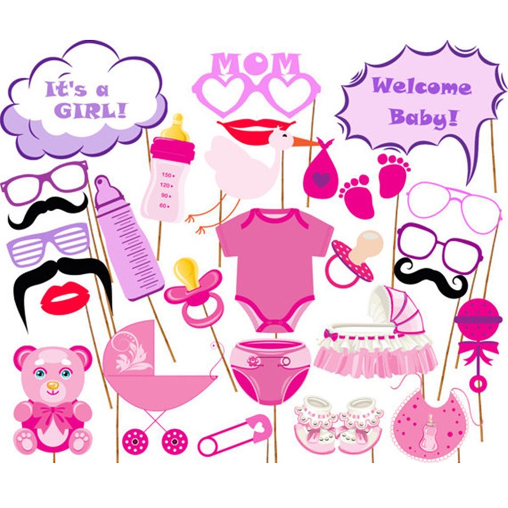 27PCS Photo Booth Props Diaper Mustache Glasses DIY Kit for Baby Birthday Party - Pink-1
