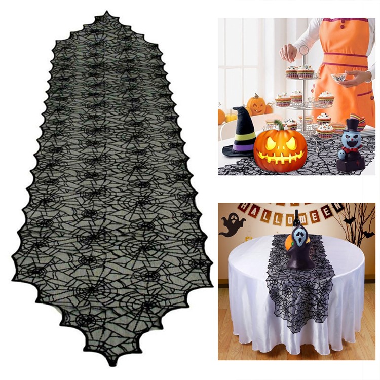 Schwarze Spitze Spinne Web Tischläufer Tischdecke Halloween Party Tischdecke, Größe: 18x72inch-1