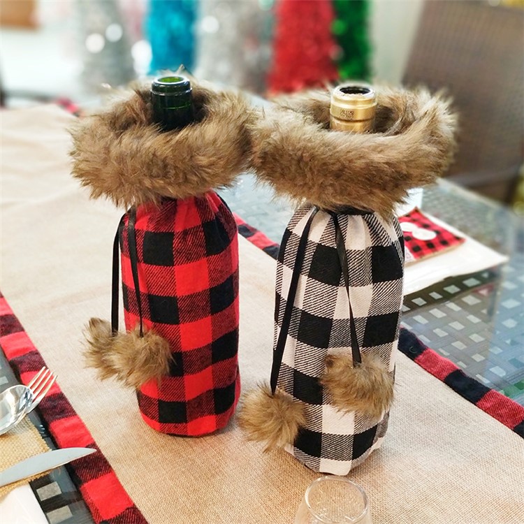 Plaid Cloth Christmas Decorations Wine Bag Christmas Wine Bottle Set - Red-2