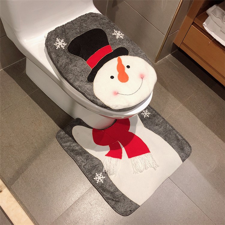 2Pcs/Set Christmas Pattern Toilet Seat Cover + U Shape Mat Bathroom Decoration Products Set - Snowman-1