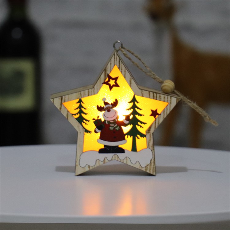 Xmas Decoration Pendant Christmas Tree Pentagram Round Shape Wood Shiny Hanging Ornament - Elk/Pentagram-1