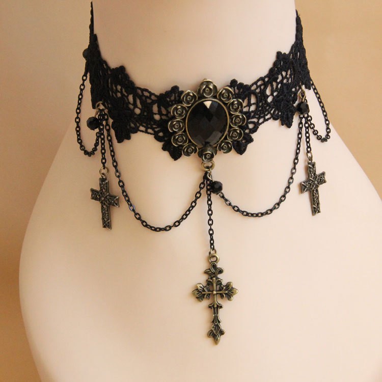 Halloween Holiday Creative Short Necklace Cross Lace Neck-2