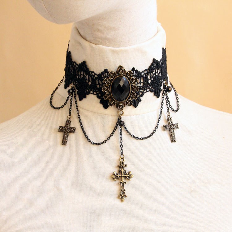 Halloween Holiday Creative Short Necklace Cross Lace Neck-4