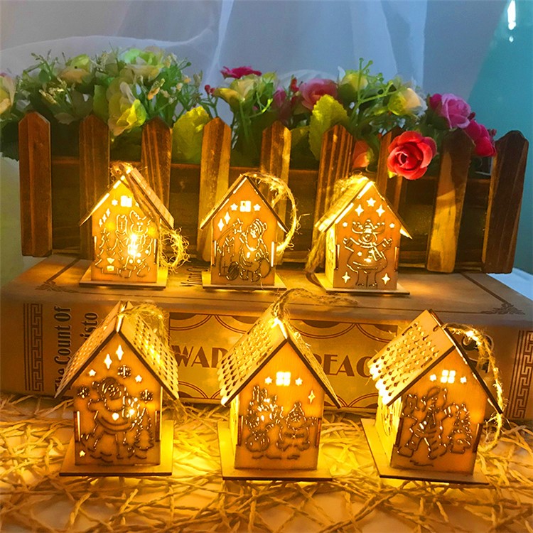 Enfeites De Natal De LED De Madeira Clara Casa Pingente Cabines De Parede Luminosa Suspensão Do Natal Decoração Da Árvore - Aleatória-1
