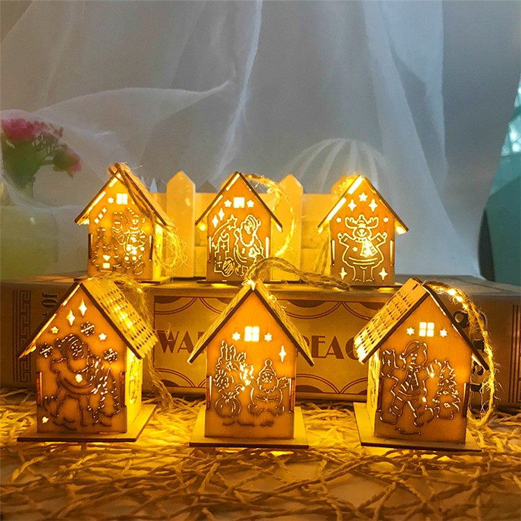 Enfeites De Natal De LED De Madeira Clara Casa Pingente Cabines De Parede Luminosa Suspensão Do Natal Decoração Da Árvore - Aleatória-2